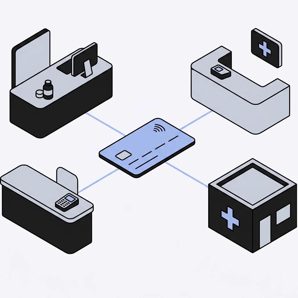 Illustration: one payment card connected to a pharmacy counter, a reception desk and a clinic
