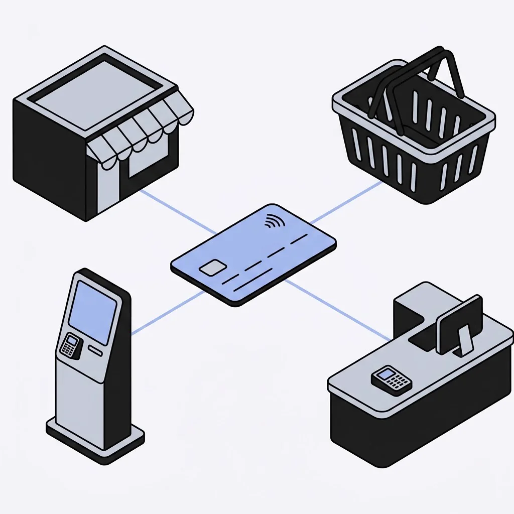 Illustration: one payment card connected to a checkout, a kiosk and a shop front