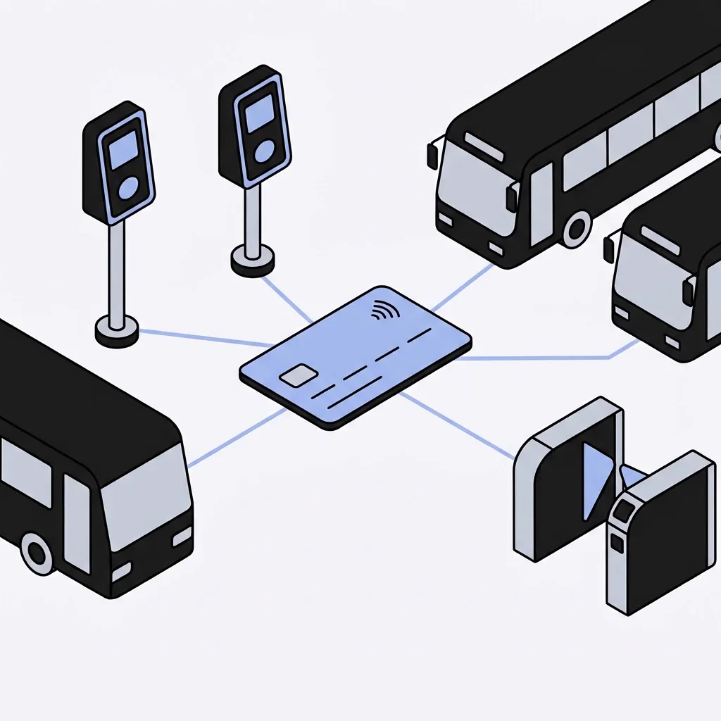 Illustration: one payment card connected to validators, buses and a ticket gate