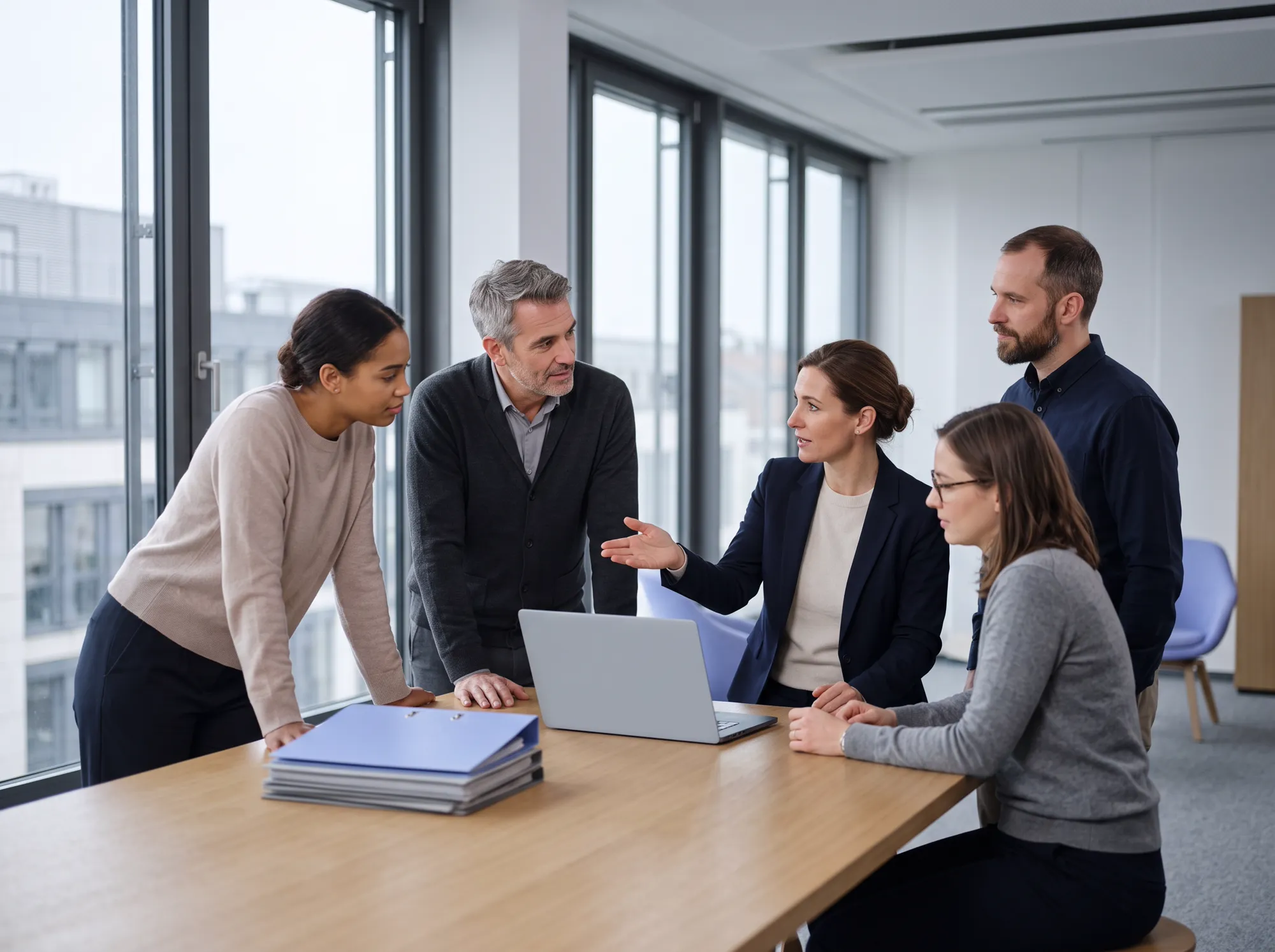 Five colleagues in discussion around a laptop at a conference table